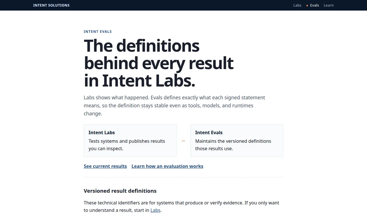 Intent Evals page showing versioned result definitions used by Intent Labs