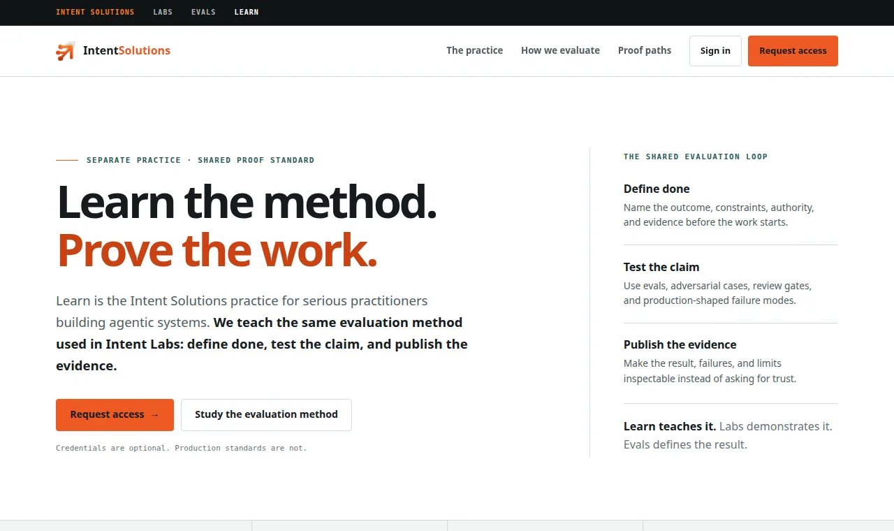 Intent Solutions Learn homepage explaining its evaluation-based operating method