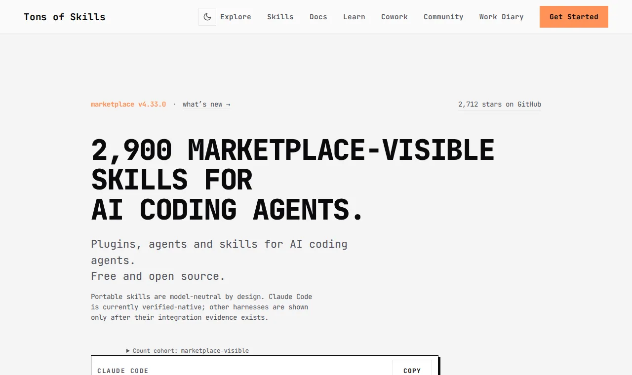 Tons of Skills marketplace homepage showing its searchable agent-skills catalog
