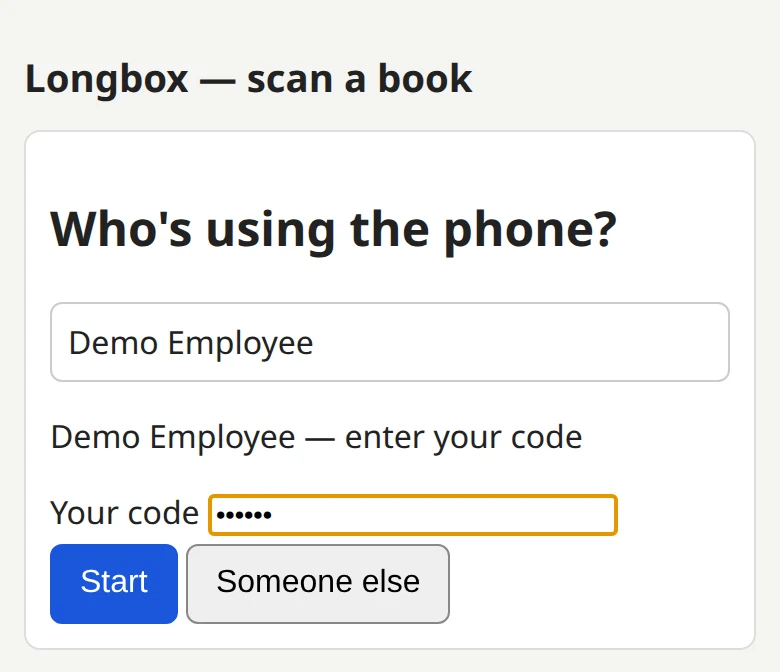 Longbox sign-in screen asking who is using the phone, with a name selected and a code entered.