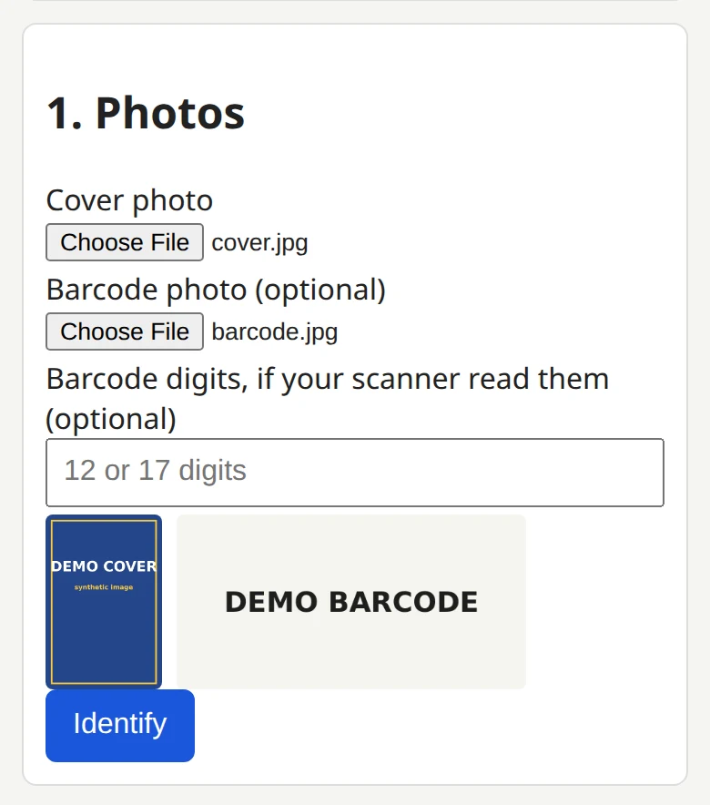 Longbox photos step with a cover photo and a barcode photo attached, and an Identify button.
