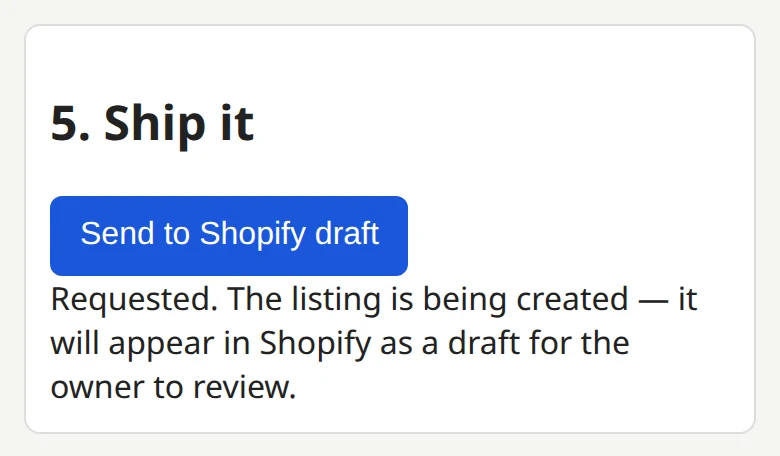 Longbox screen confirming the listing will appear in Shopify as a draft for the owner to review.